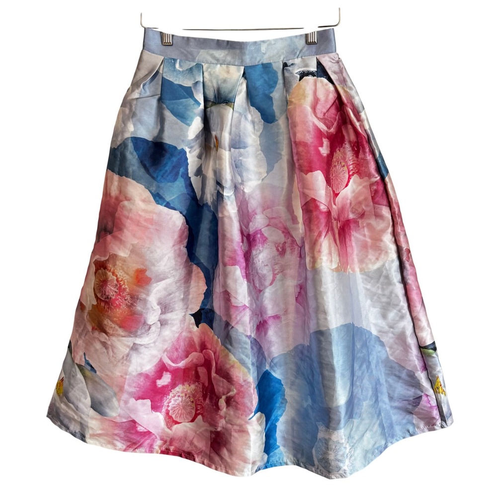 Chicwish Pink Blue Watercolor‎ Floral Pleated A-Line Midi Skirt Fairy Size Small